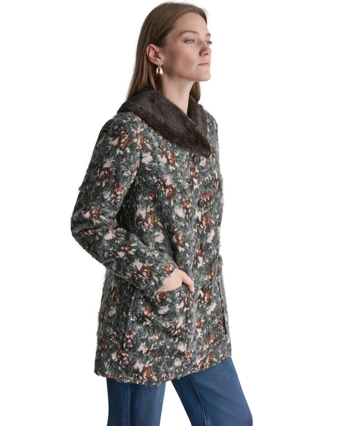 Bcbg Women's Long-Sleeve Floral Faux-Fur Coat