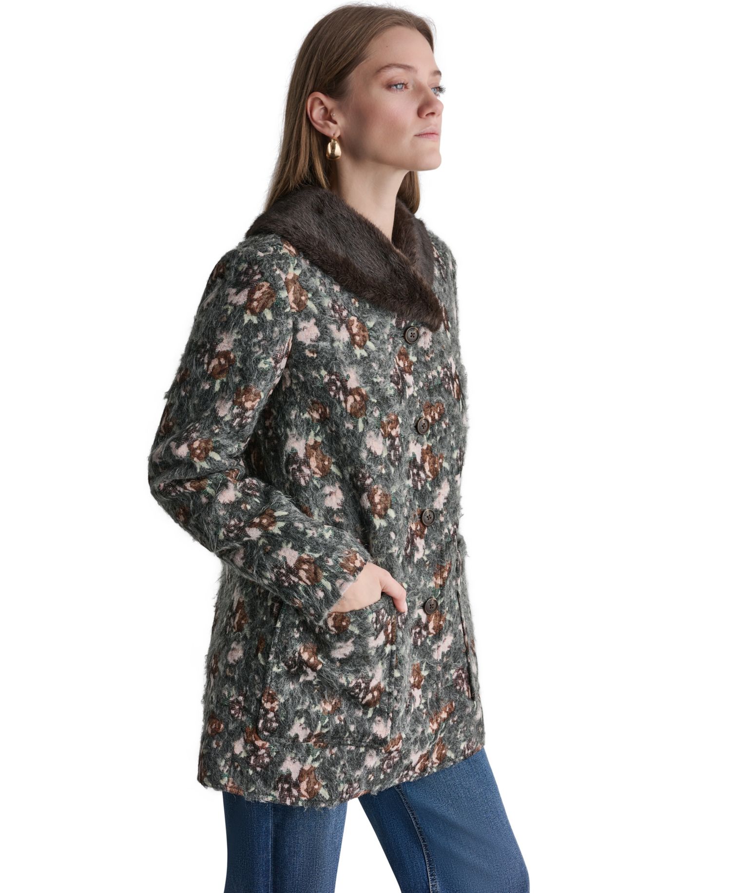Women's Long-Sleeve Floral Faux-Fur Coat