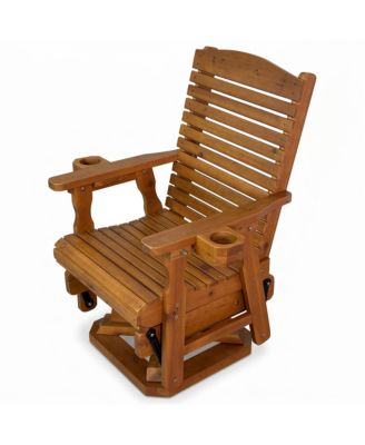 Solid Fir Wood Patio Glider Swivel Chair, 360-Degree Rotating Outdoor Rocker with Cup Holders