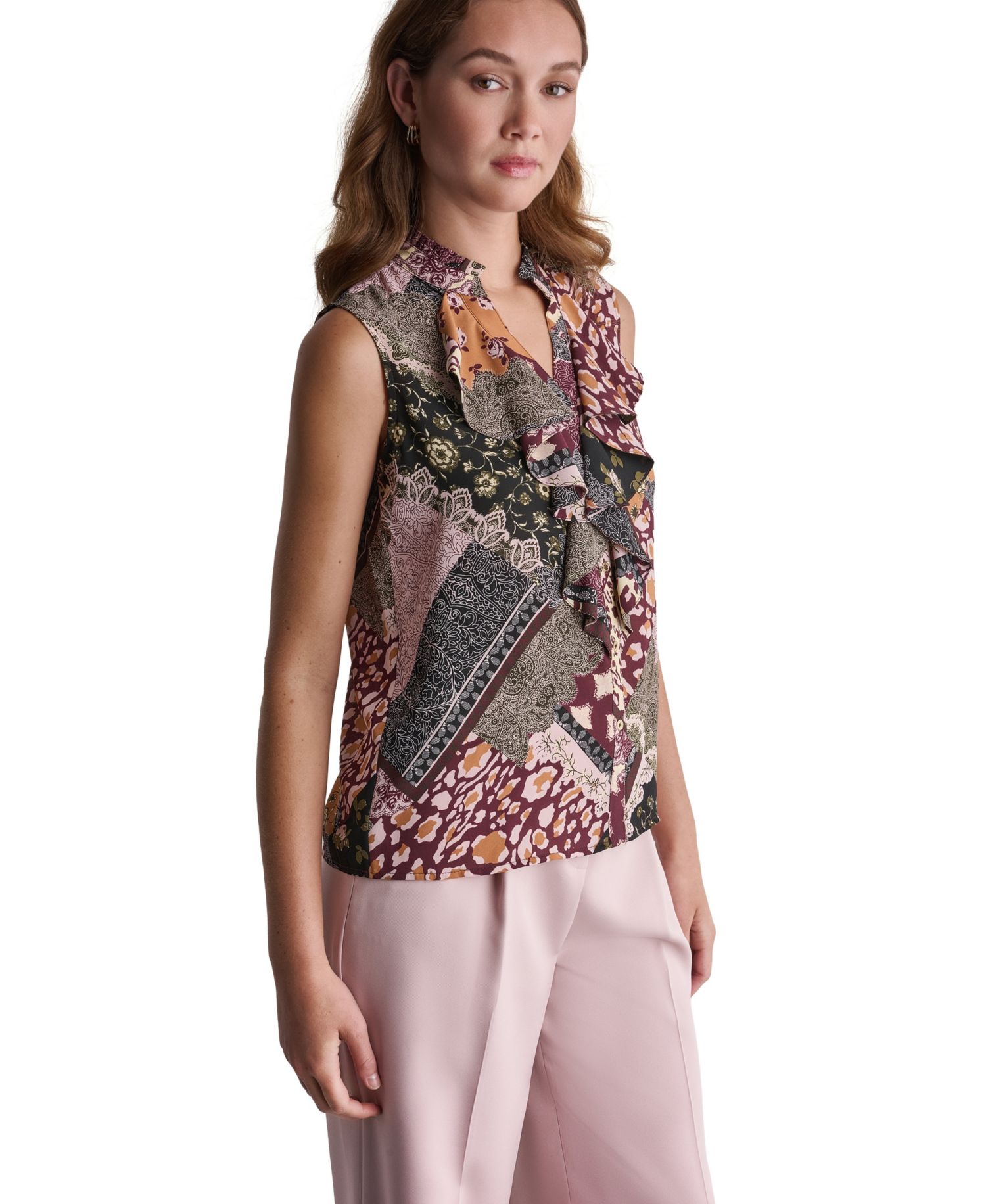 Women's Ruffle Mixed Print Button-Front Blouse