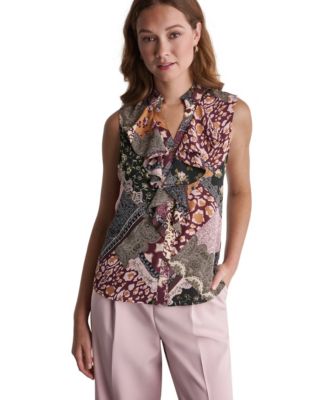 Women's Ruffle Mixed Print Button-Front Blouse