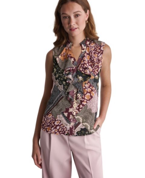 Женская блузка BCBG Ruffle Mixed Print Button-Front, цвет: Разноцветный