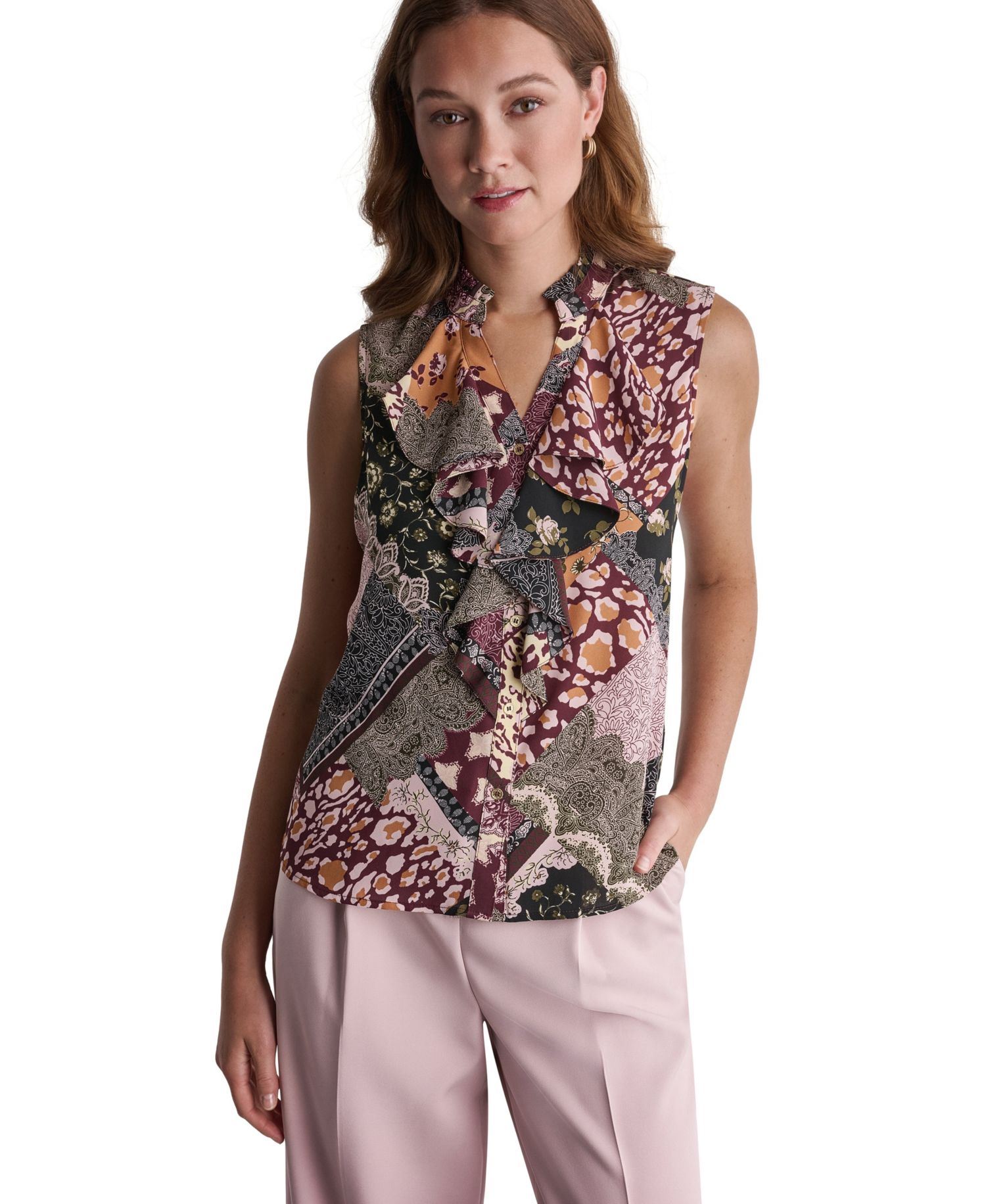 Women's Ruffle Mixed Print Button-Front Blouse