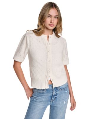 Women's Baby Chenille Short-Sleeve Lightweight Open-Stitch Cardigan