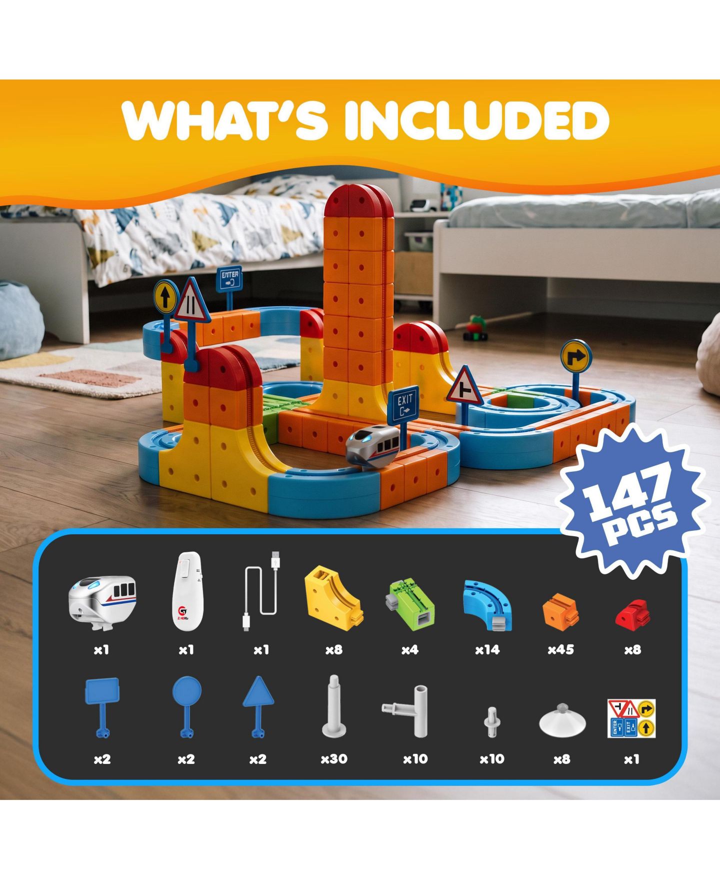 Детский конструктор Contixo MT5 3D Gear Track Motorized Remote Control 147-Piece Building Set, Ages 6+, цвет: Синий / Оранжевый — фото 3
