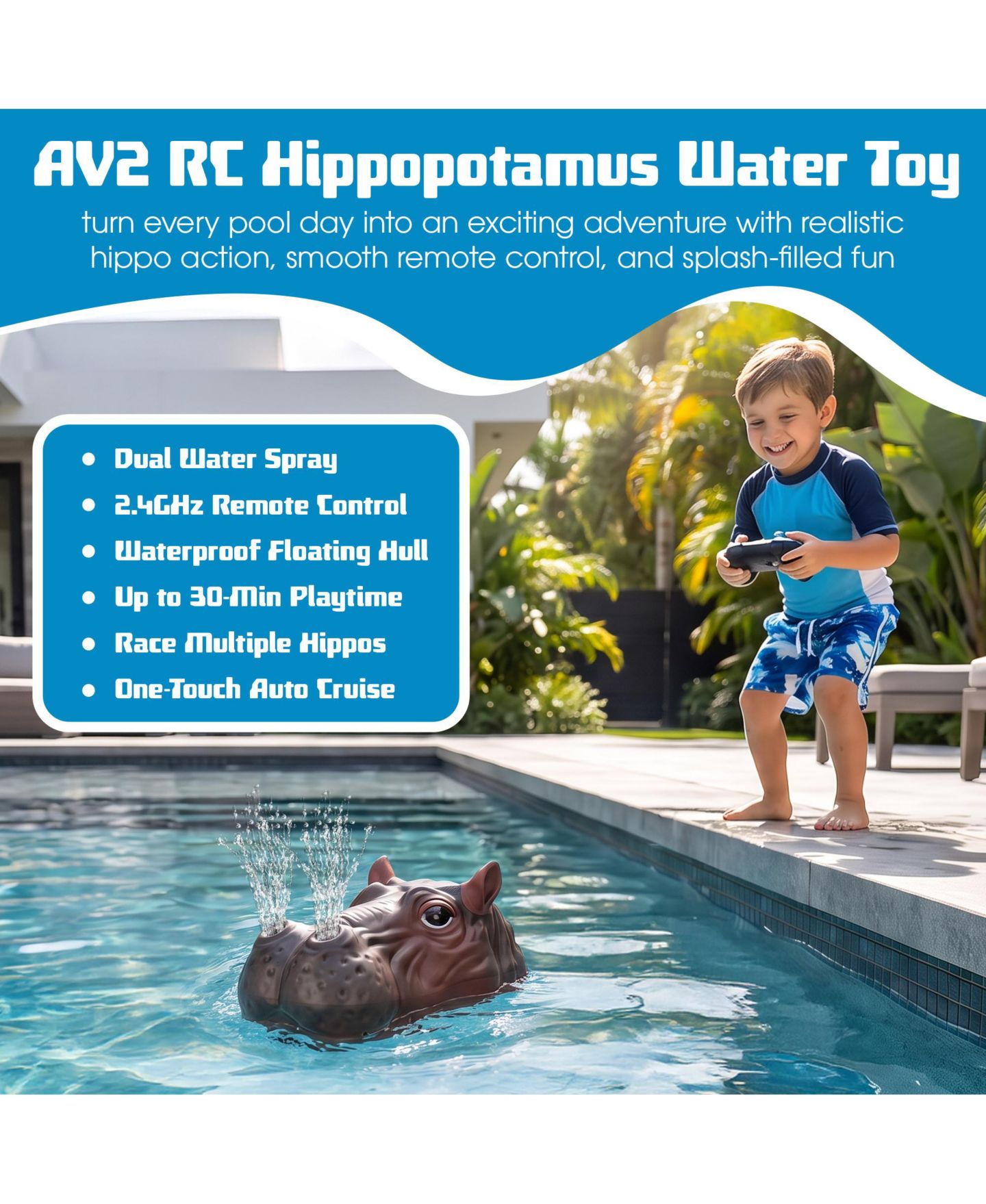 Детская игрушка Contixo AV2 Dual Water Spray 2.4GHz Remote 30-Min Playtime RC Hippopotamus Water Boat, цвет: Коричневый / Серый — фото 2