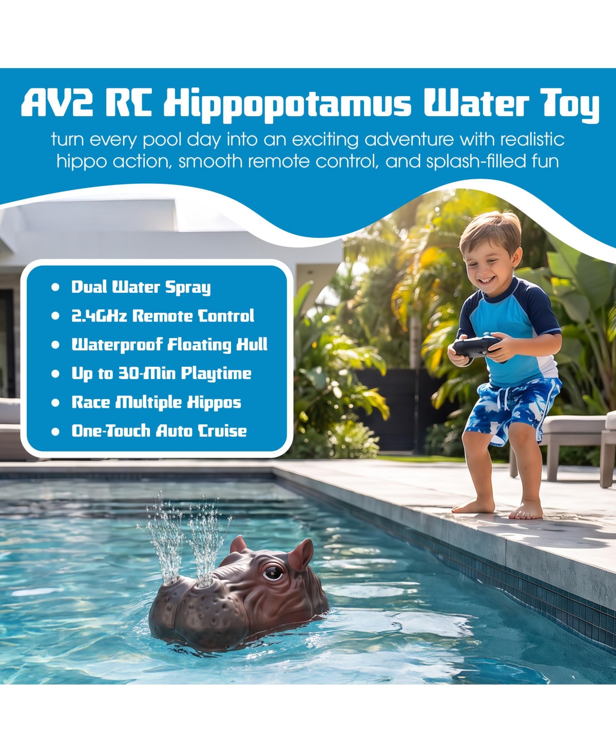 Contixo AV2 Dual Water Spray 2.4GHz Remote 30-Min Playtime Rc Hippopotamus Water Boat