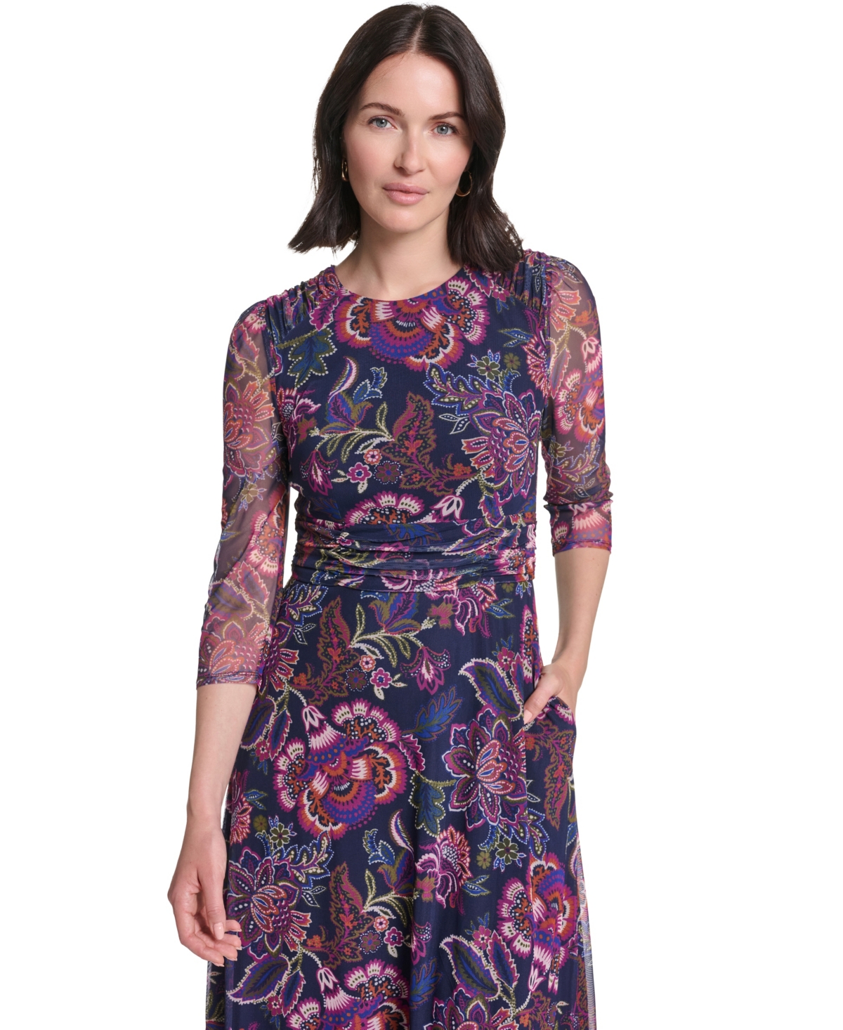 Jessica Howard Petite Floral-Print A-Line 3/4-Sleeve Midi Dress
