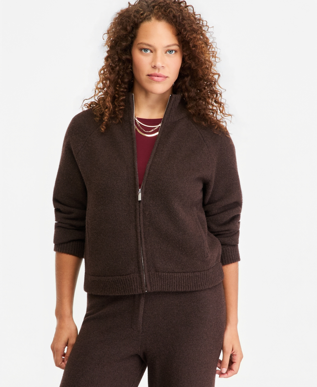 On 34th Women's Mock-Neck Sweater Track Jacket, Macy's Exclusive - Ganache Heather