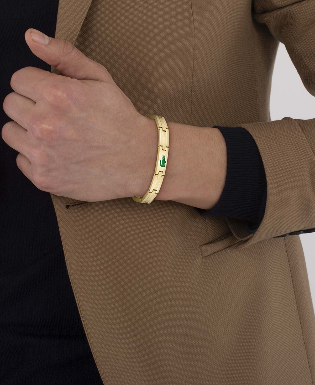 Lacoste Men's Stencil Gold-Tone Stainless Steel with Green Enamel Crocodile Bracelet