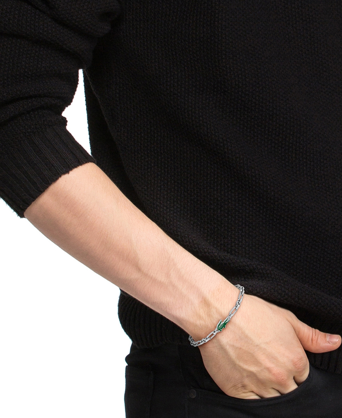 Lacoste Men's Arthor Silver-Tone Stainless Steel with Green Enamel Crocodile Bracelet