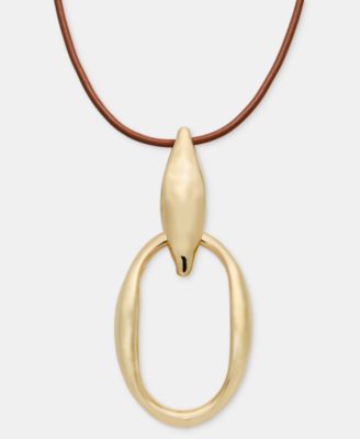 Gold-Tone Mixed Metal Leather Cord Pendant Necklace