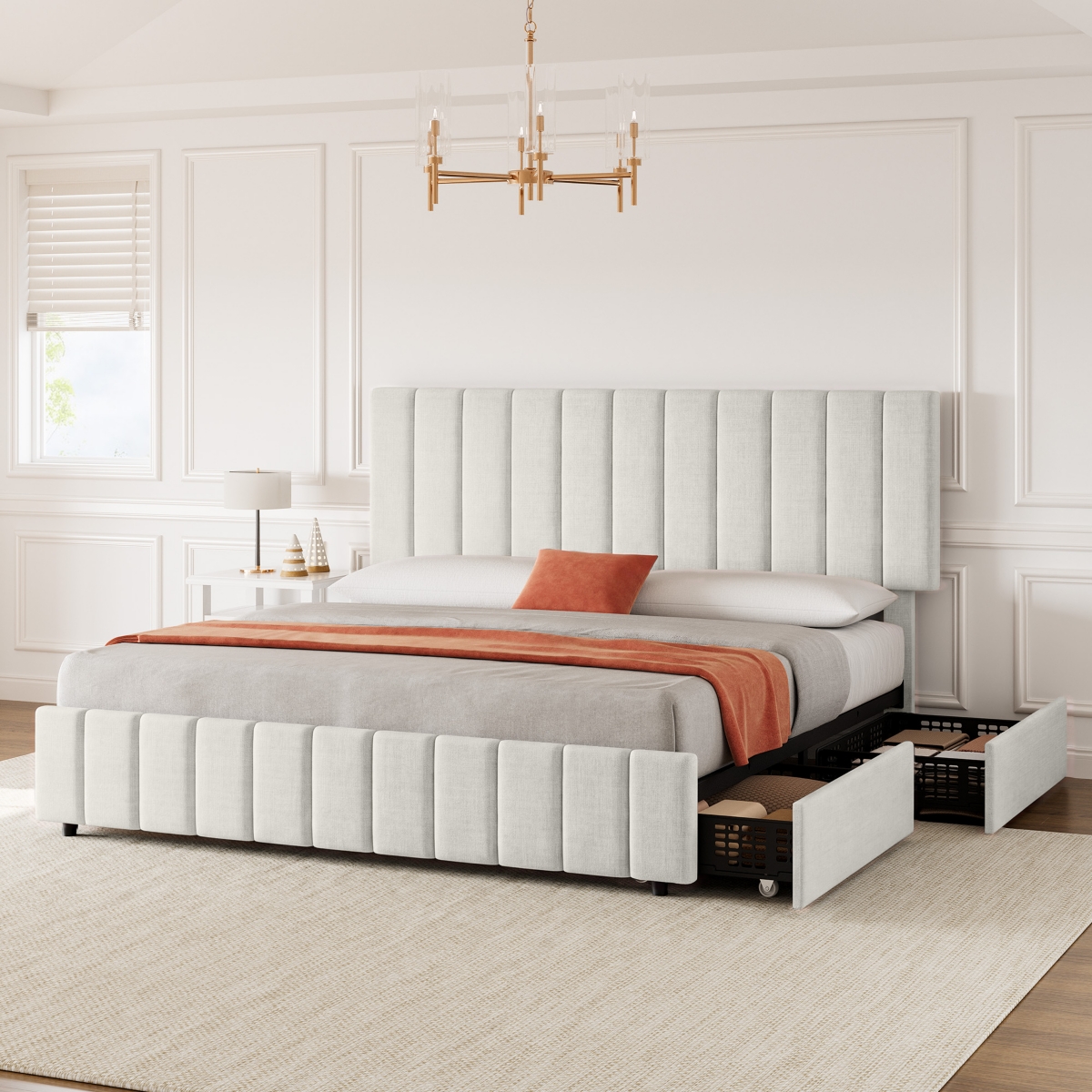 Gaomon Modern Upholstered Platform Bed Frame Featuring 4 Storage Drawers, Adjustable Height Headboard, Heavy Duty Construction