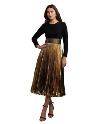 Women's Long Sleeve Metallic Pleated Midi Dress