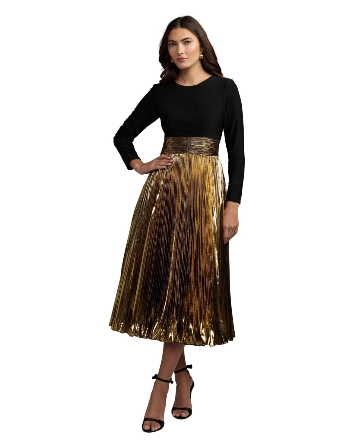 Ieena for Mac Duggal - Black Gold Long Sleeve Pleated Midi Dress - Black Gold / US 6