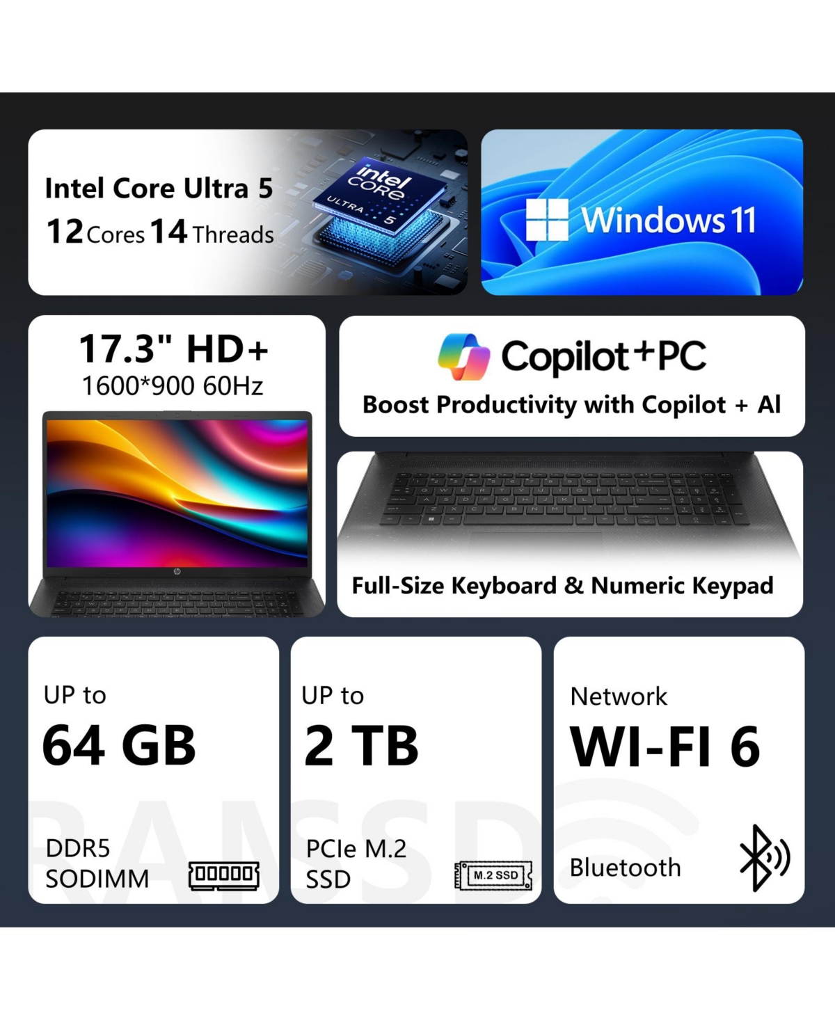 Hp 17.3" Business Copilot Ai Laptop, More WorkspaceandAI Task, Core Ultra 5 225U, Intel Graphics, 32GB DDR5, 2TB Ssd, Wi-Fi 6, Win11 Home, Black