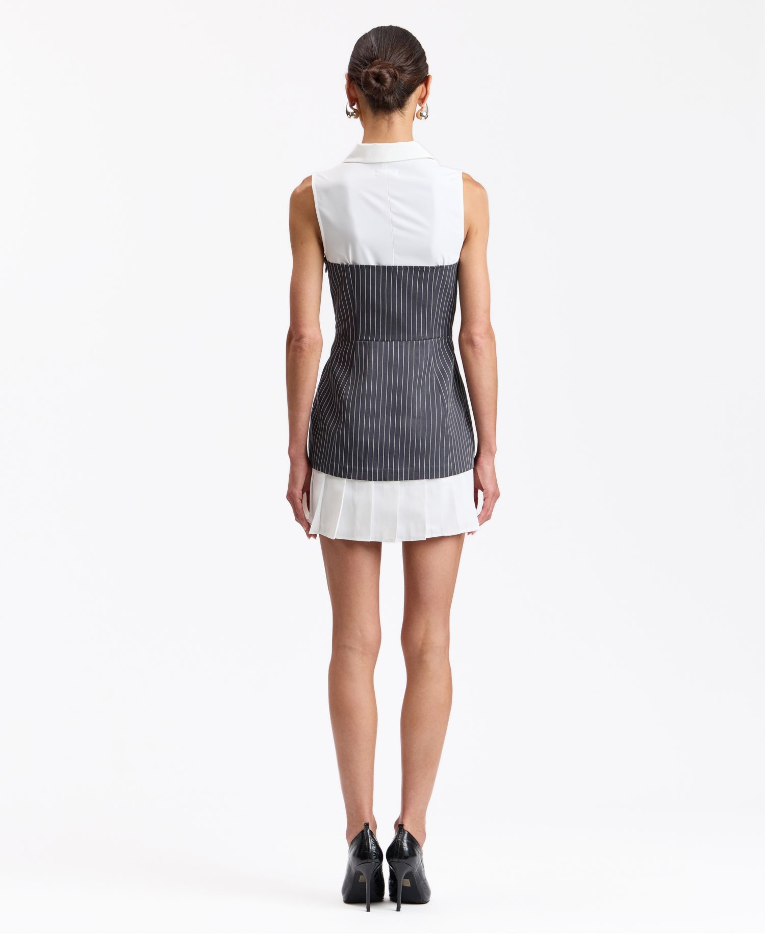 Women's Sleeveless Twofer Vest Pleated Striped Mini Dress