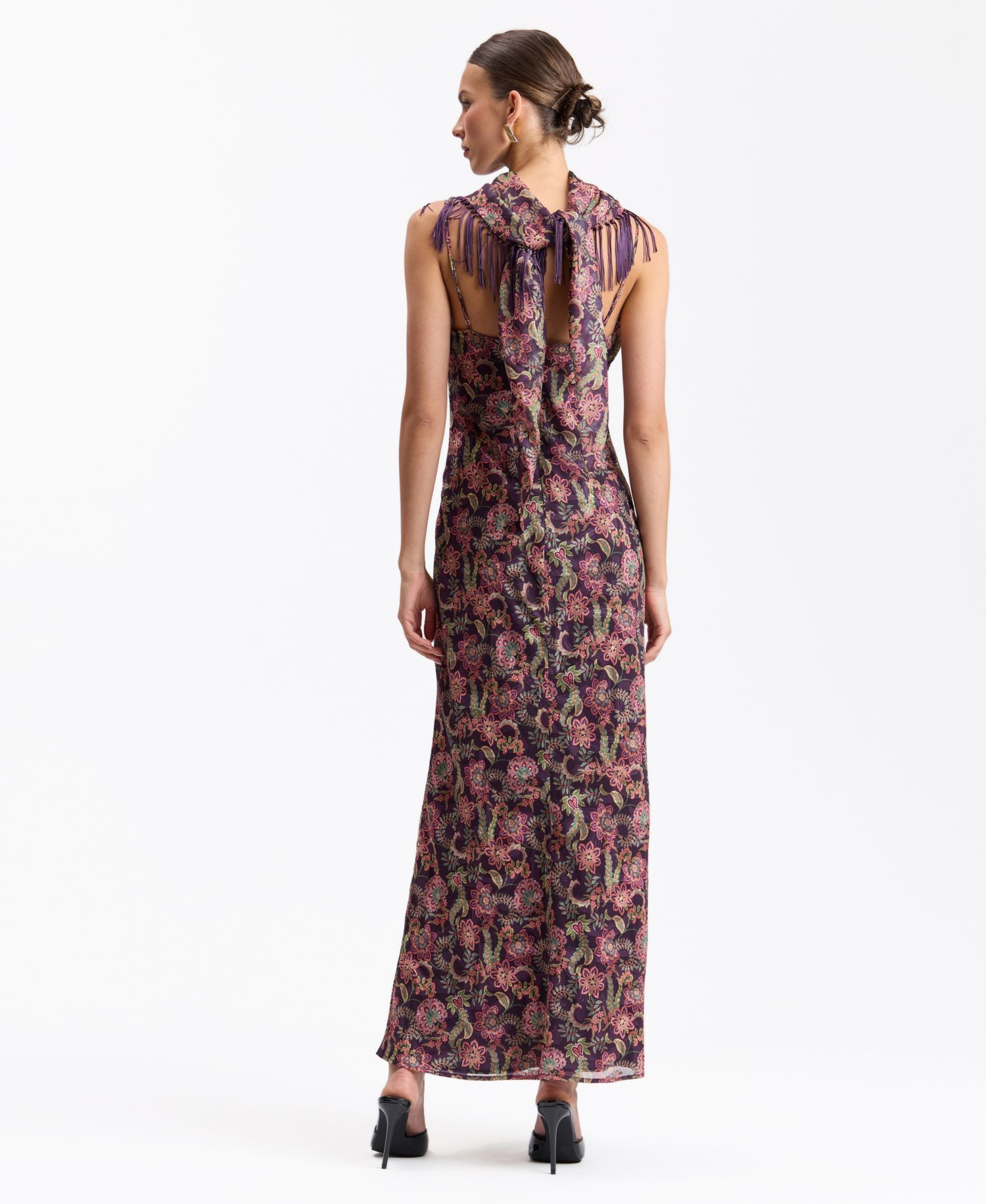 Women's Floral Cowl Neck Fringe Cape Scarf Maxi Dress