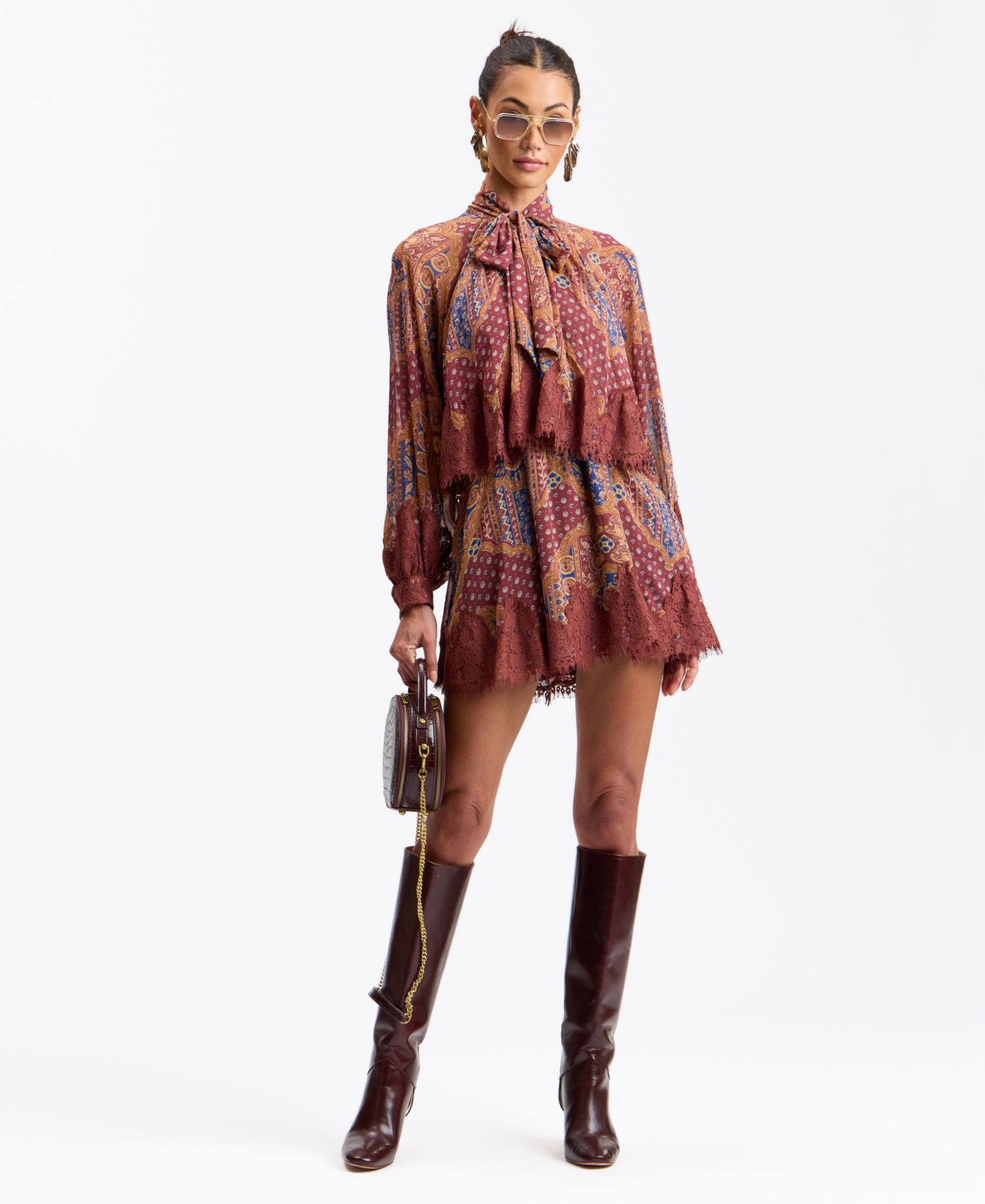 Women's Tie-Neck Long-Sleeve Tiered Mini Dress