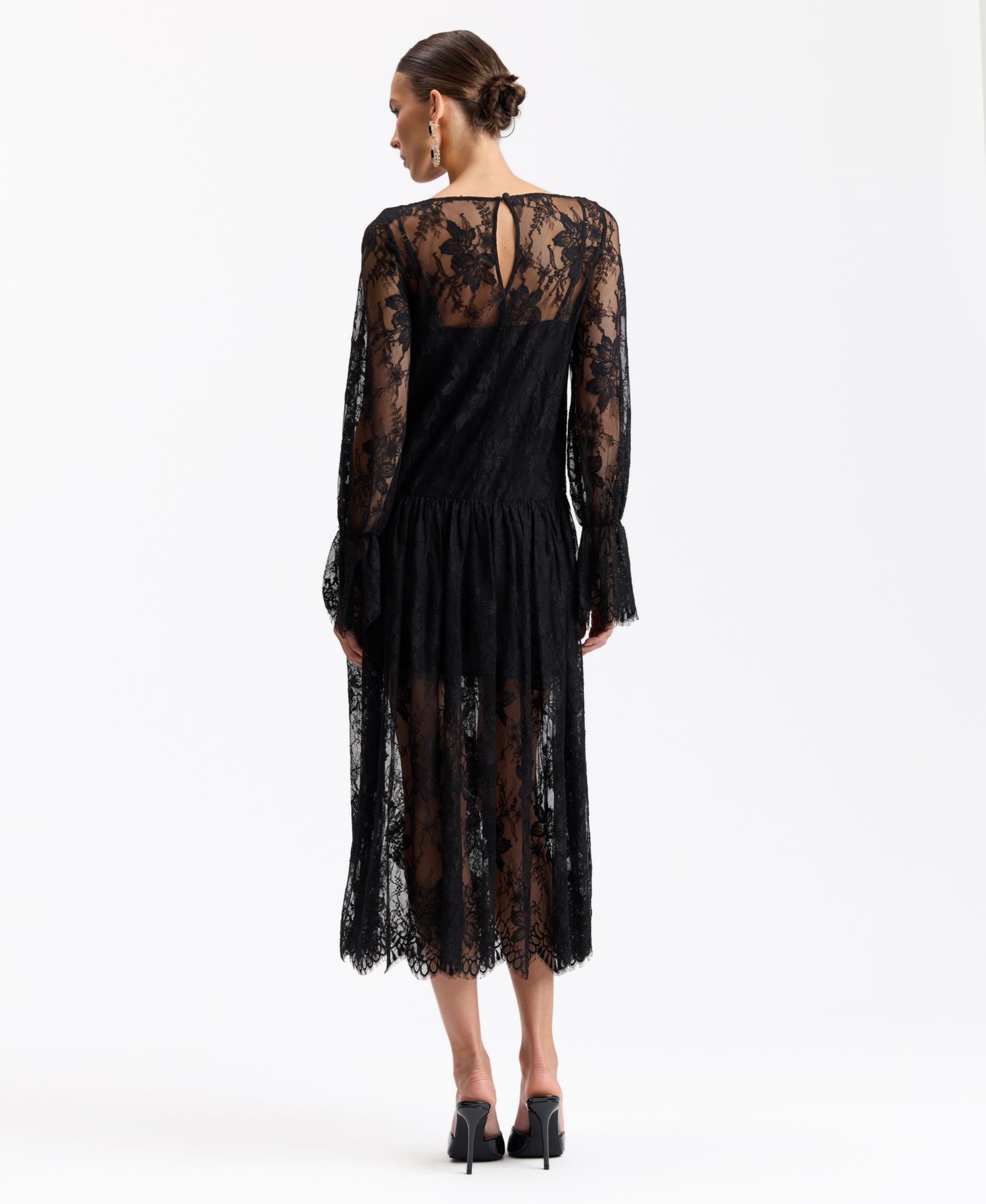 Women's Floral Drop-Waist Lace Midi Dress