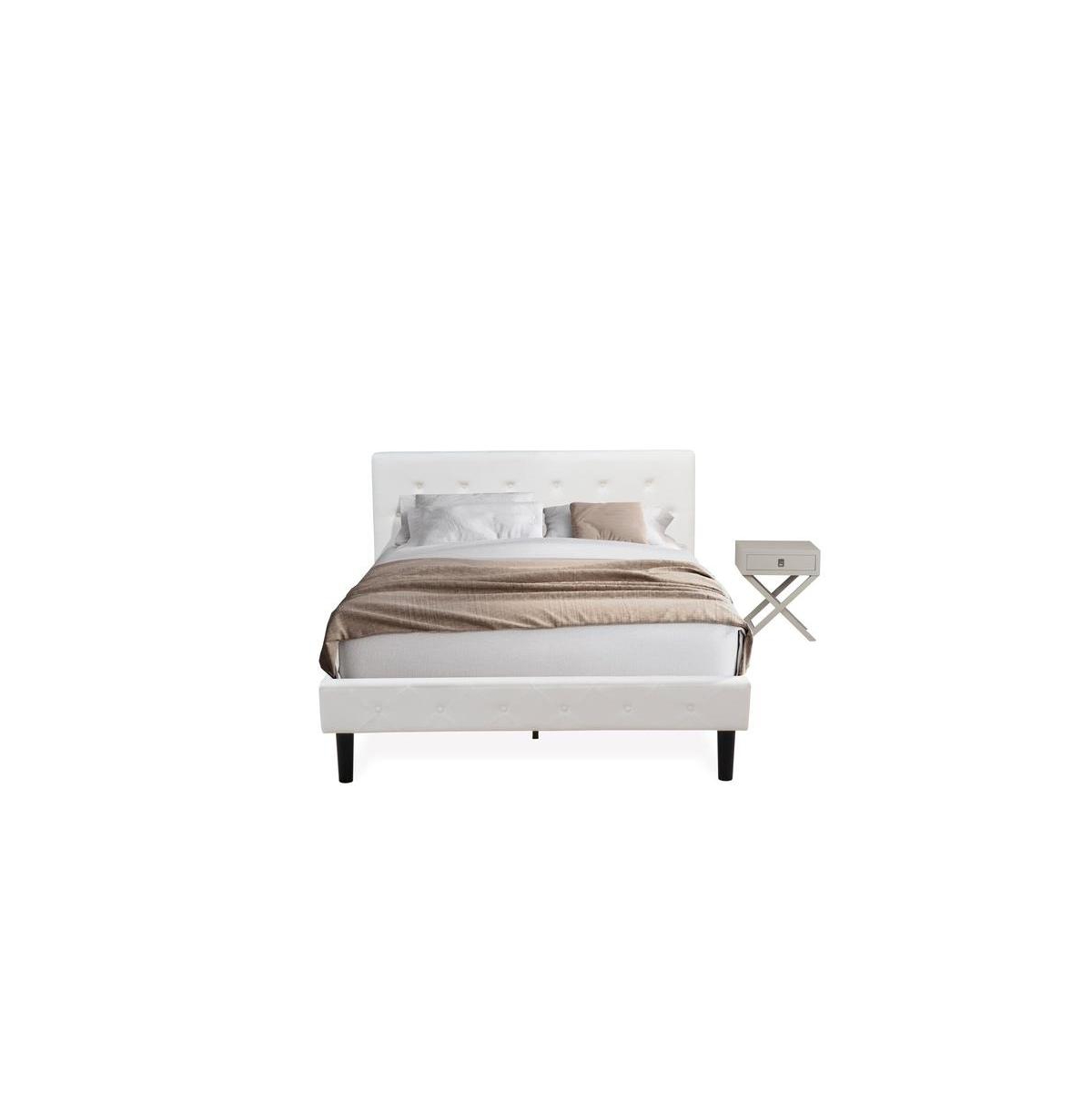 Bed Set, White Velvet - 1 Queen Bed Linen White Velvet Fabric Headboard & 1 Mid Century Nightstand - Urban Gray Finish Nightstand - 2 Piece