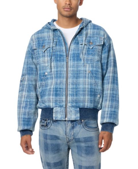 Мужская куртка True Religion Hooded Plaid Bomber, цвет: Индиго клетчатый