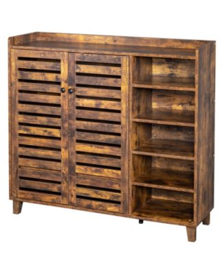 Freestanding Shoe Cabinet with 2 Doors and 5 Open Storage Cubbies
