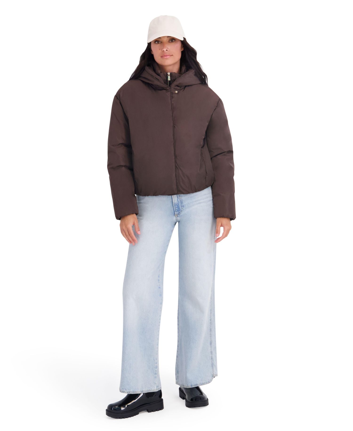 Women's Memory Fabric Puffer Jacket With Attached Hood And Stand Collar