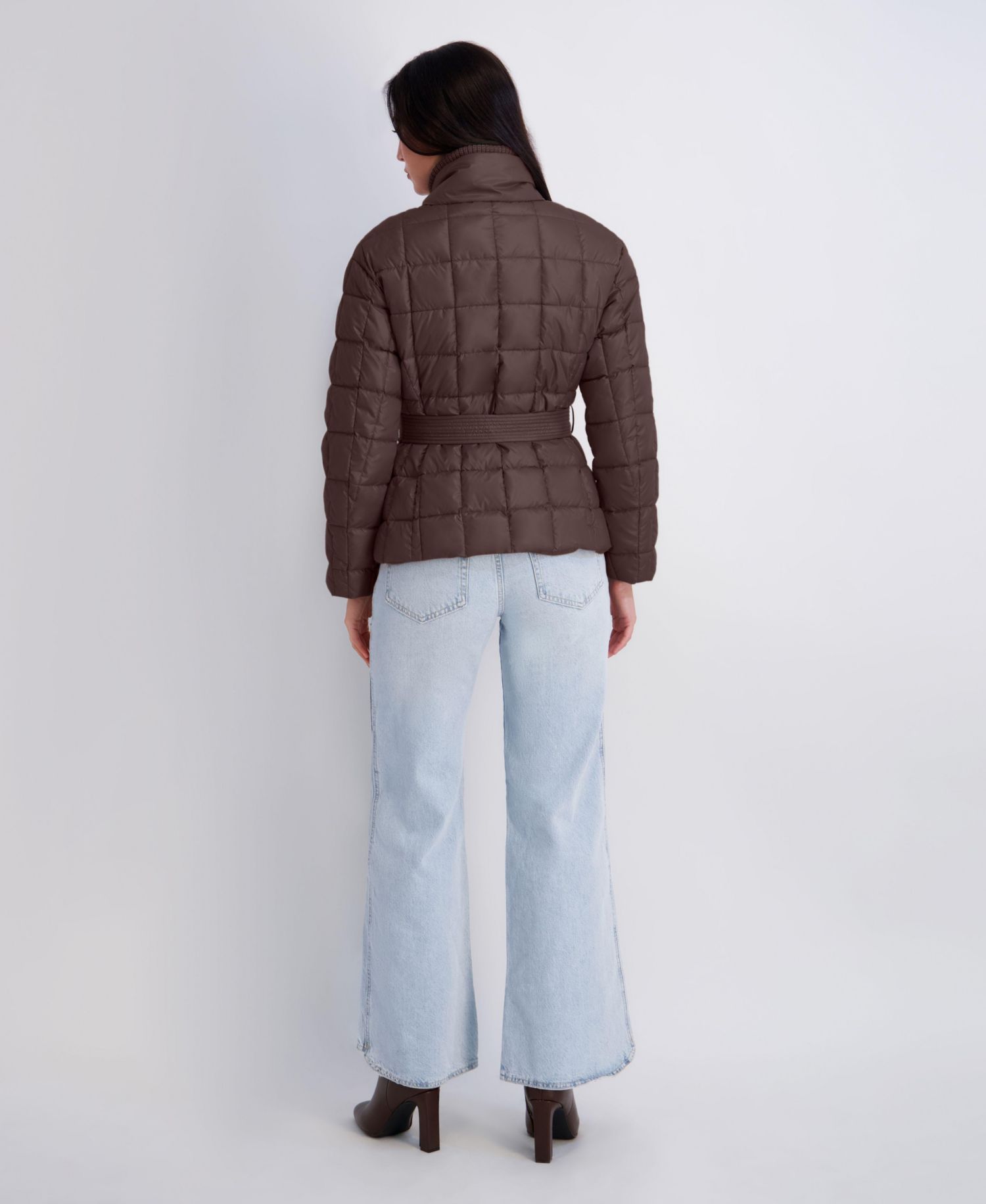 Women's Quilted Puffer Jacket With Self-Tie Waist And Funnel Neck