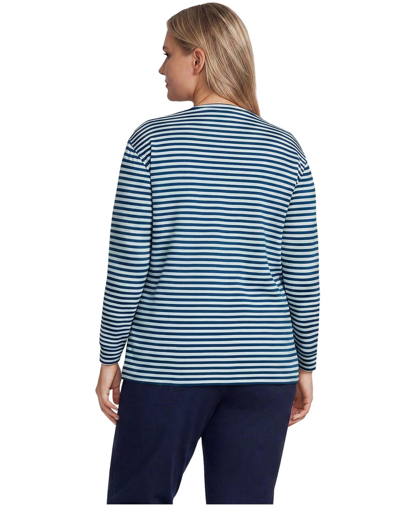 Женский топ Lands' End Plus Size Cotton Relaxed Long Sleeve Crew Neck, цвет: Бирюзовый / Полосатый — фото 4