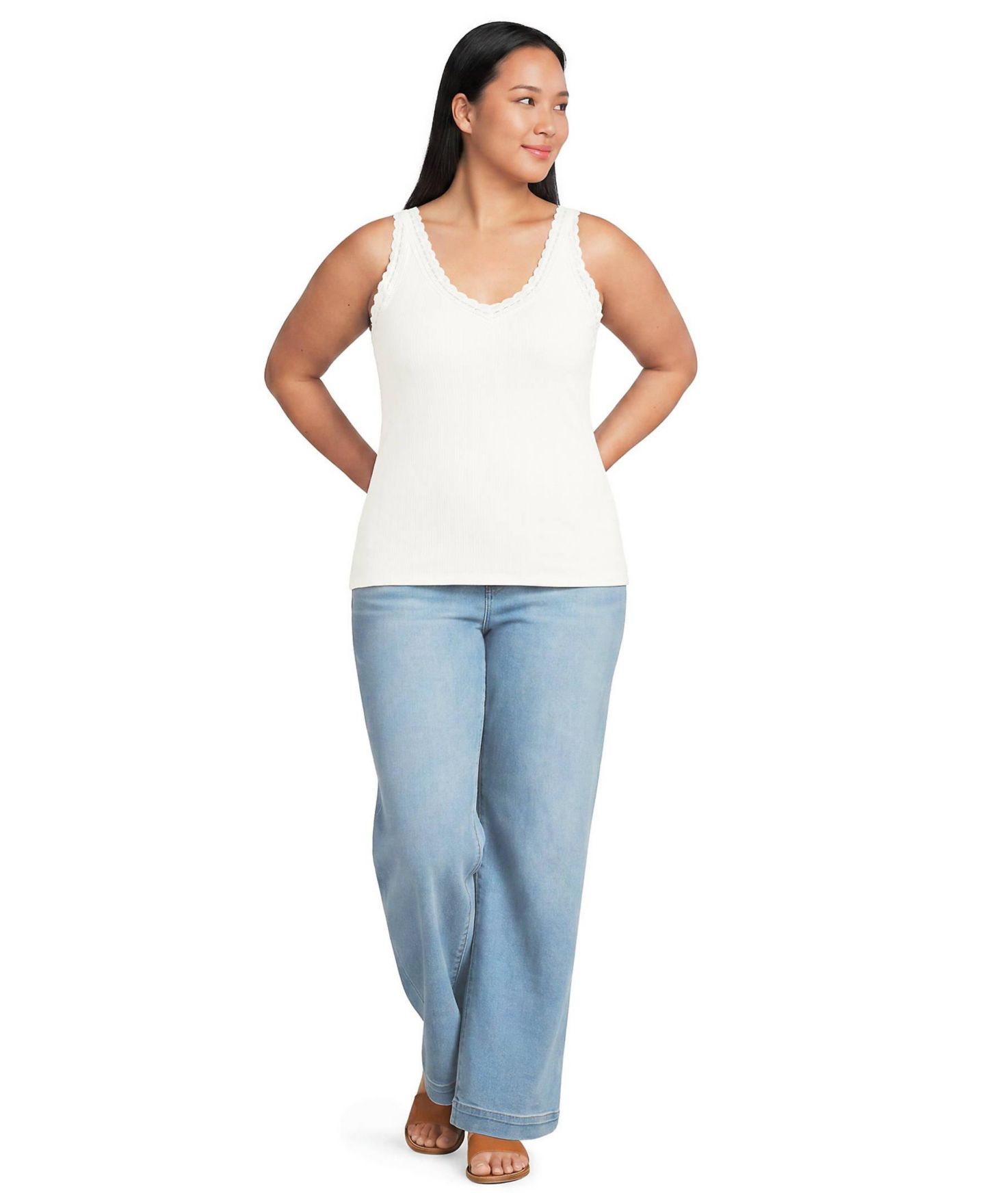 Женский топ Lands' End Plus Size Variegated Micro Rib Lace Trim, цвет: Слоновая кость — фото 2