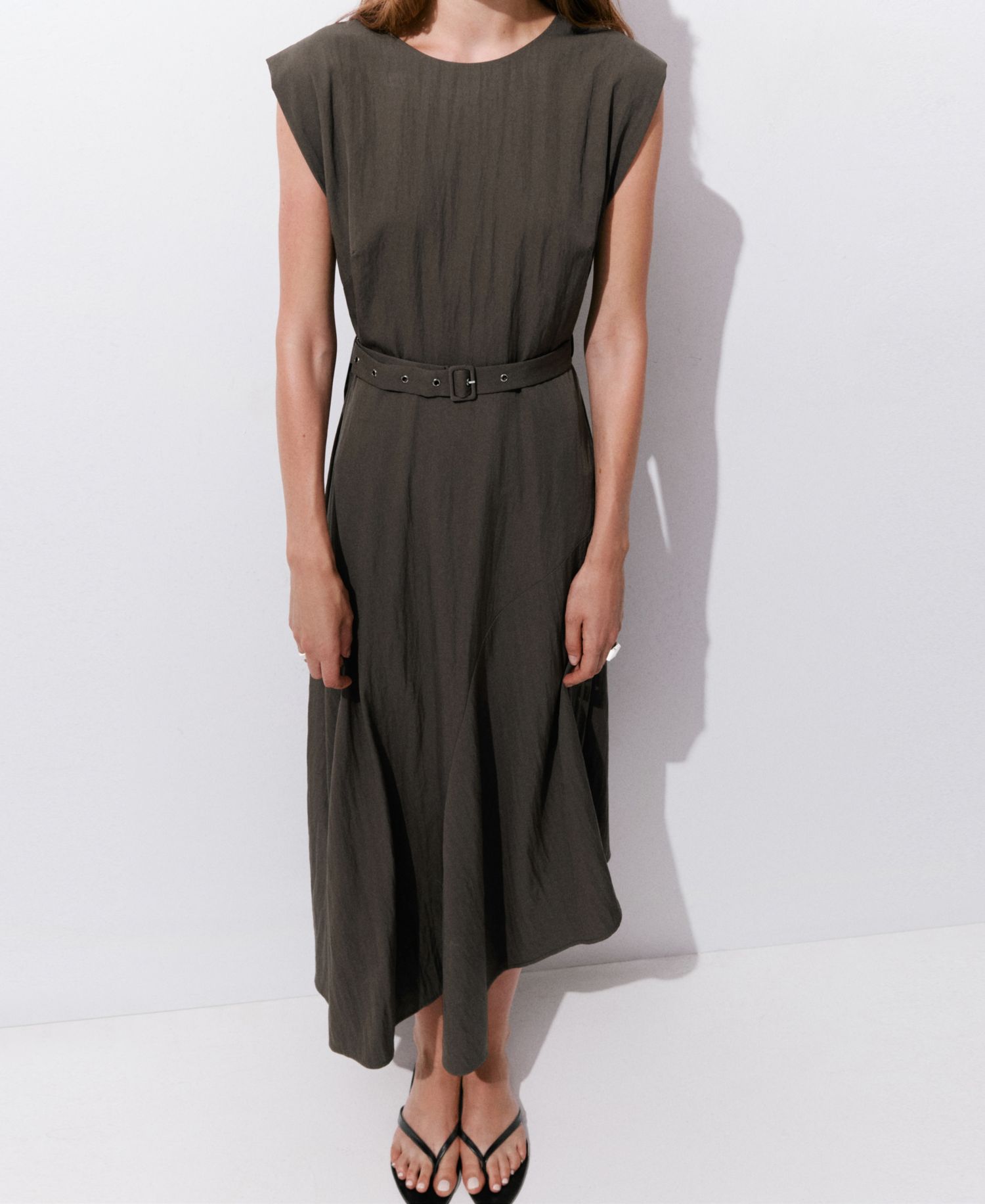 Women's Belted Asymmetric Crewneck Midi Dress