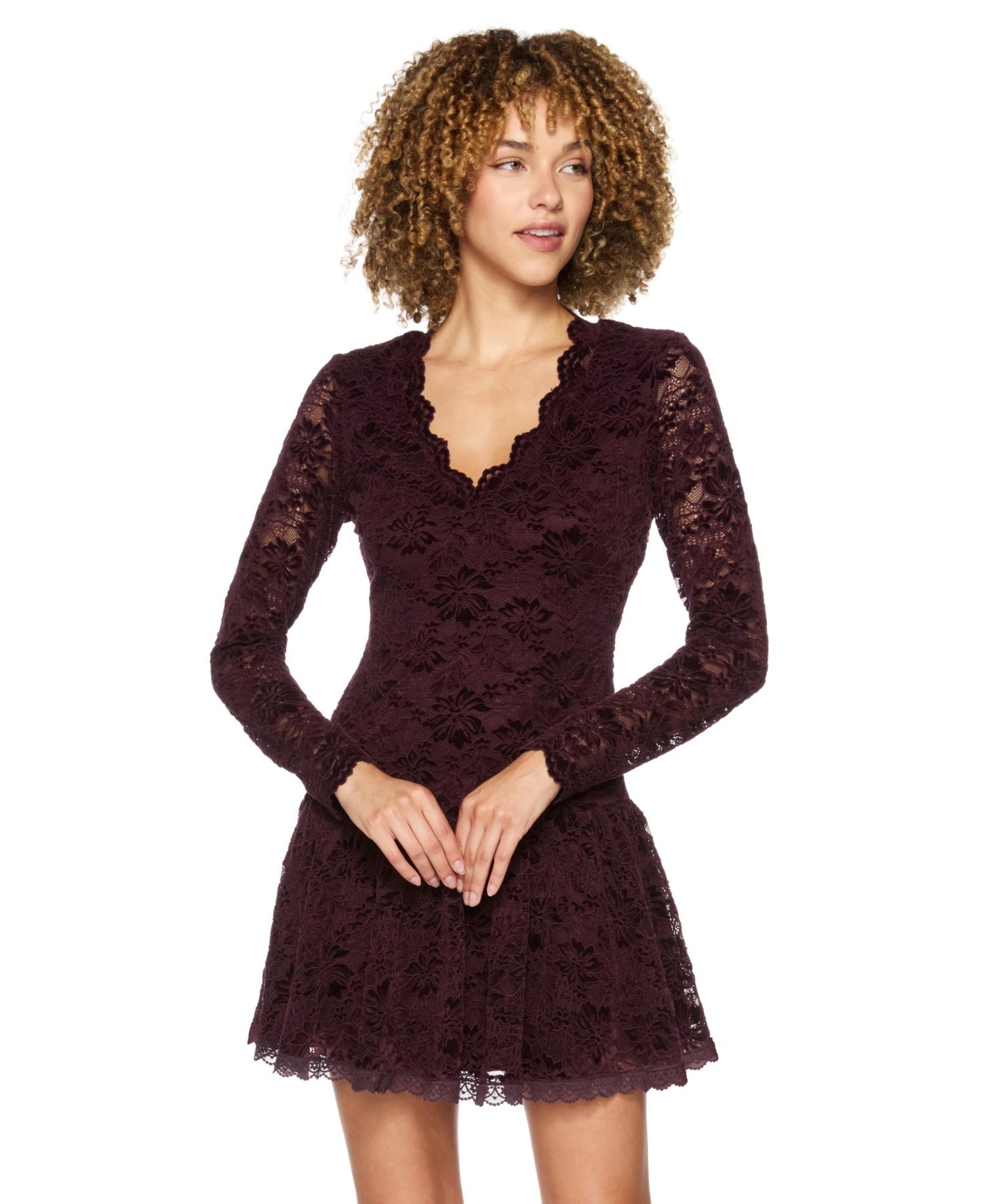 Juniors' A-Line Lace V-Neck Dress
