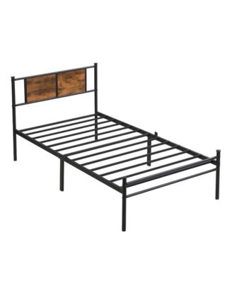 Metal Platform Bed Frame with Wood Panel Headboard and Steel Slats