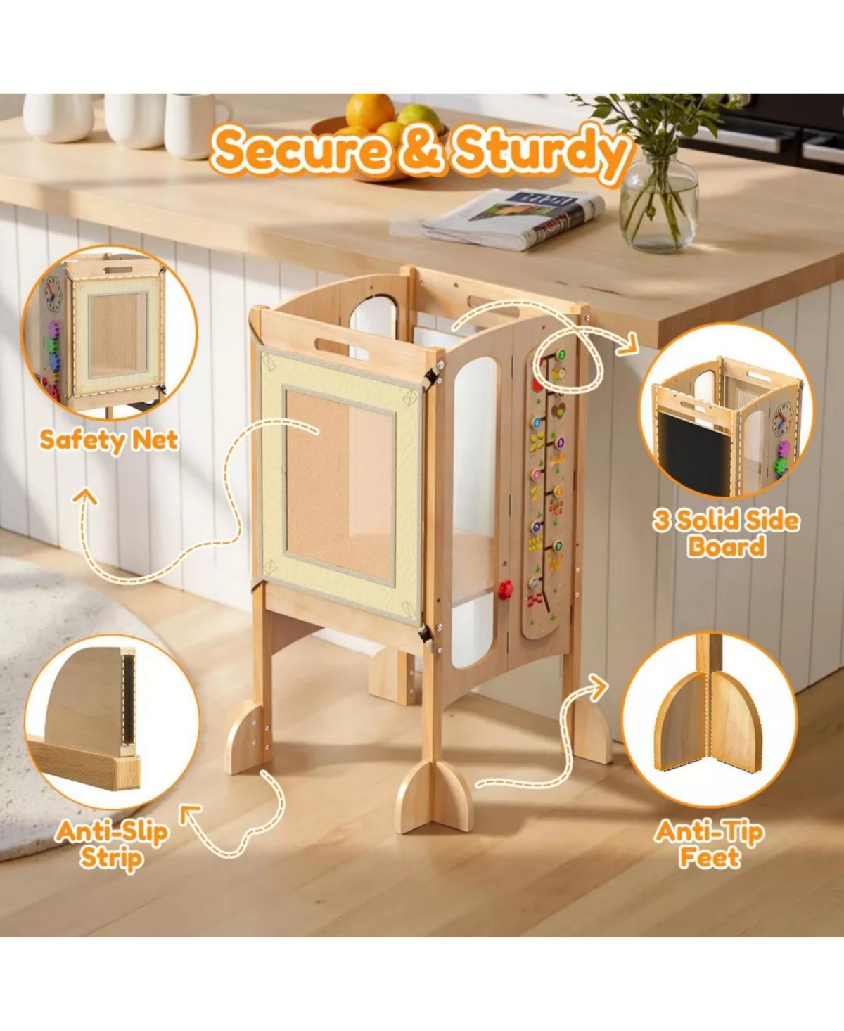 Fed Fitness Foldable Montessori Toddler Tower, Adjustable Kids Kitchen Helper Stool with Safety Net, Detachable Step Stool and Educational Games