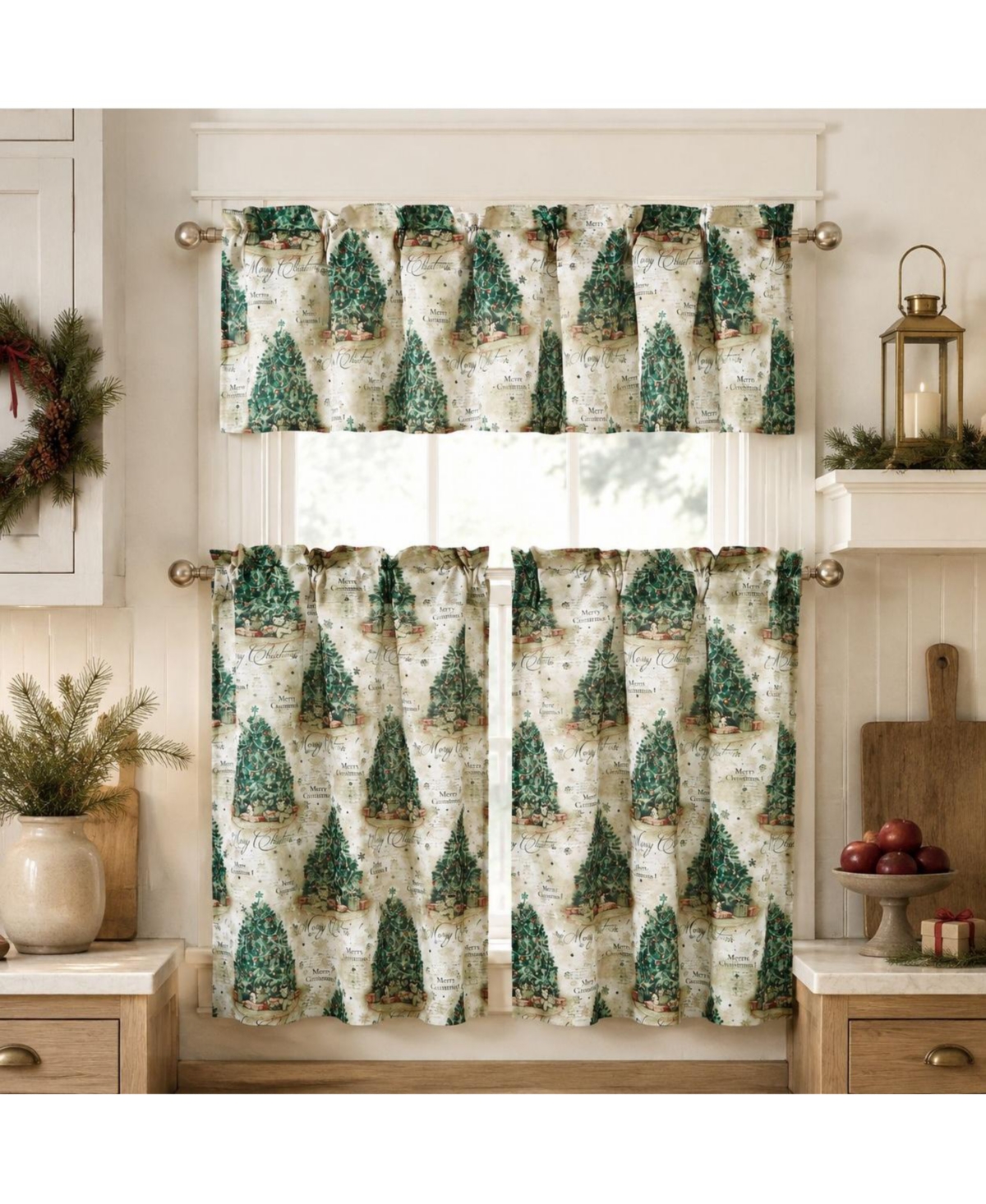 Kate Aurora Country Lemon Vine Complete 3 Piece Kitchen Curtain Tier & Valance Set - 58 in. W x 56 in. L, Multi - Green