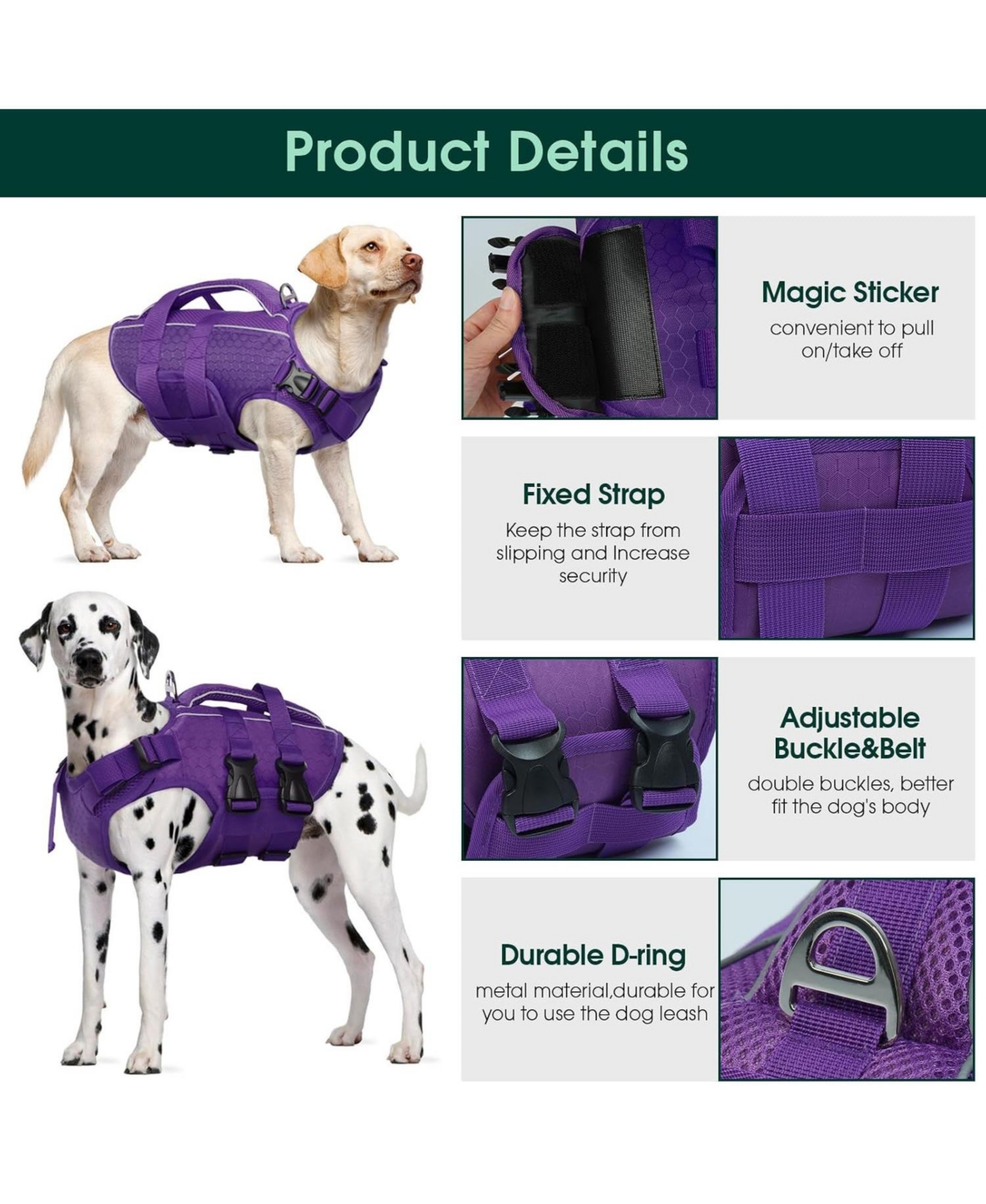 High-Flotation Ripstop Oxford Adjustable Dog Life Vest with Rescue Handle