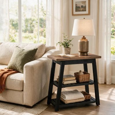 3 Tier Side Table with Storage, Solid Wood End Table