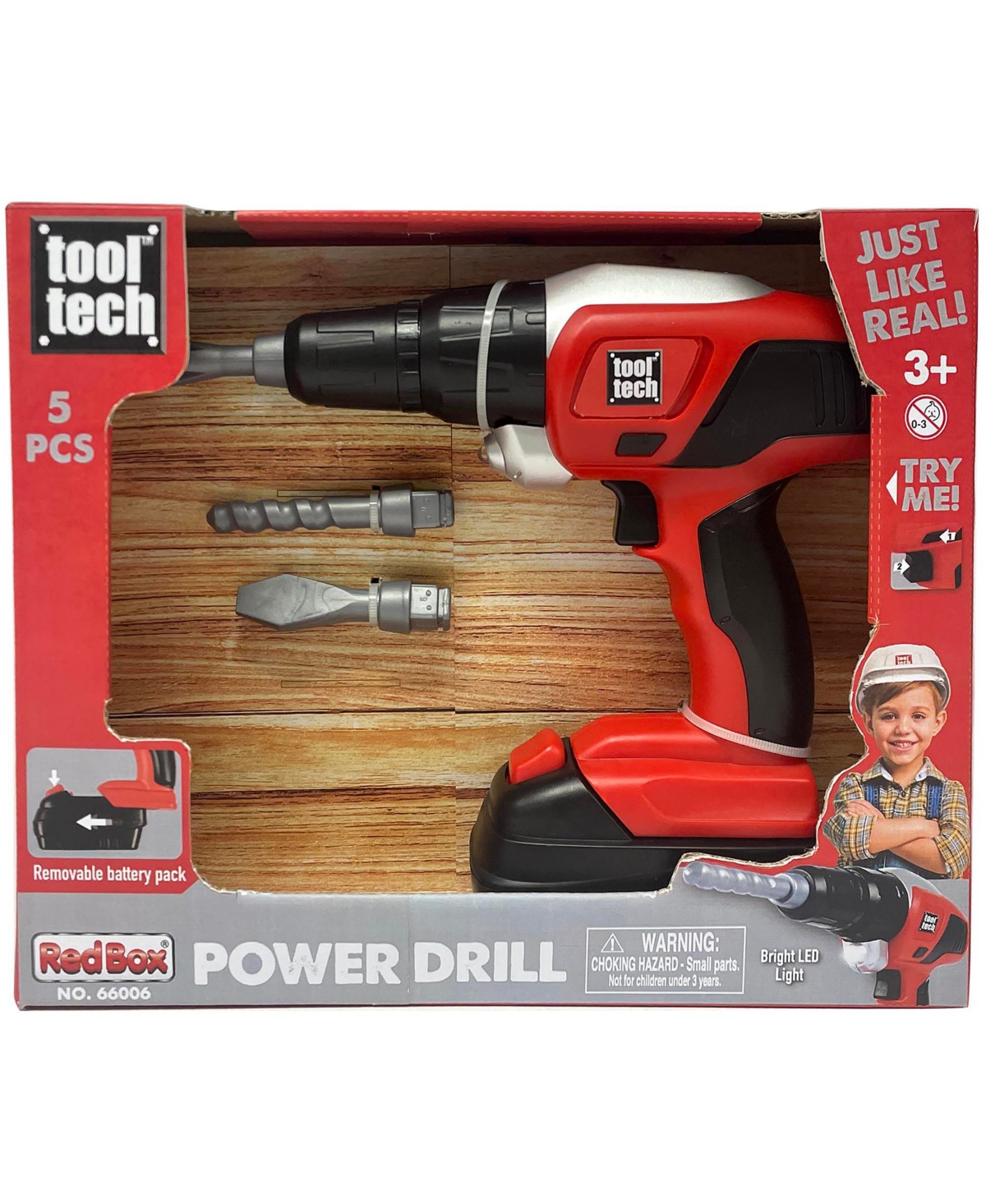 Red Box Tool Tech Led Working Light Power Drill with Interchangeable Bits, 5-Piece Set, Ages 3+