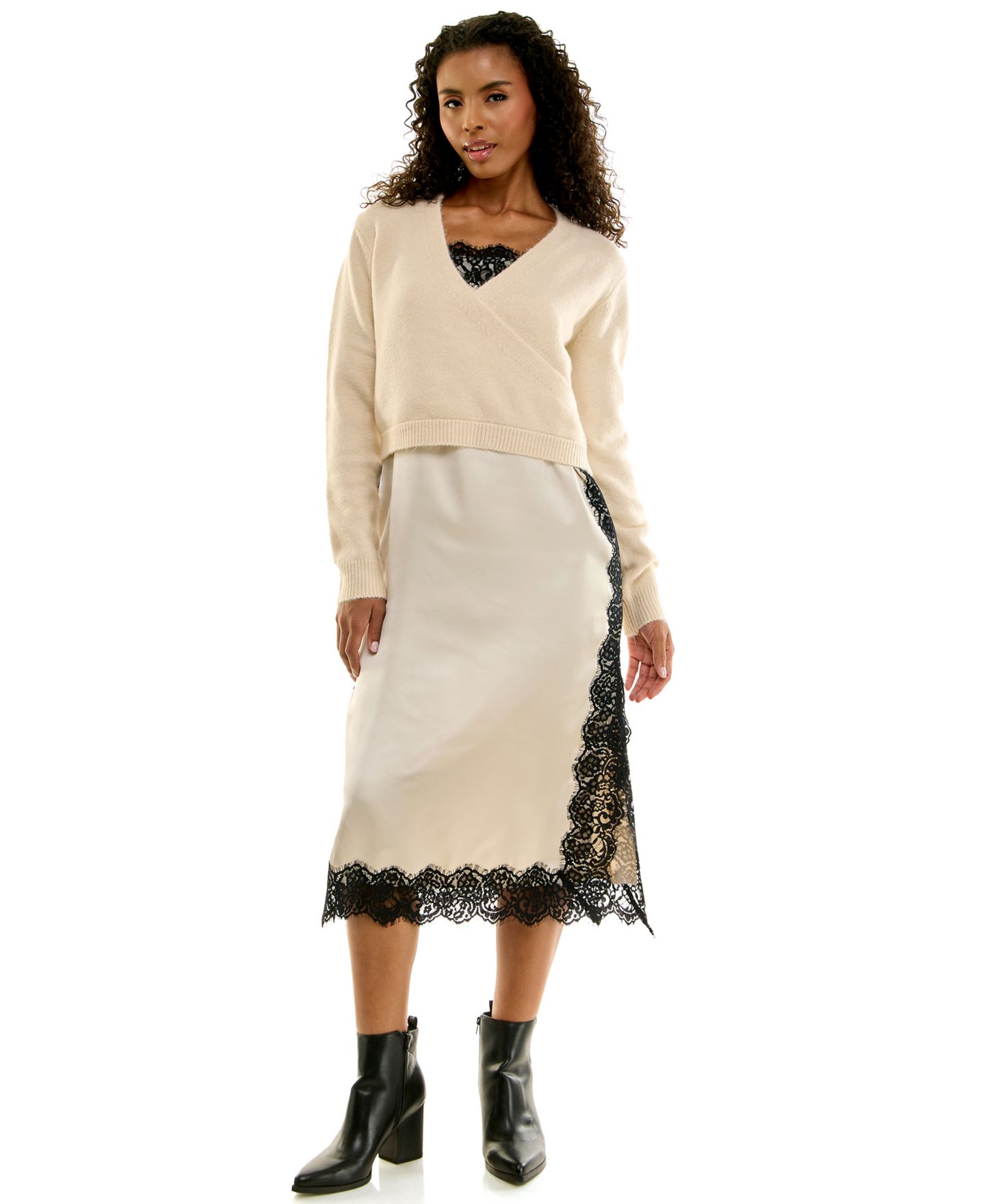 Женский комплект INVITEE Juniors' Wrap Sweater and Lace Trim Midi Slip Dress, 2-Piece Set, цвет: Белый — фото 2