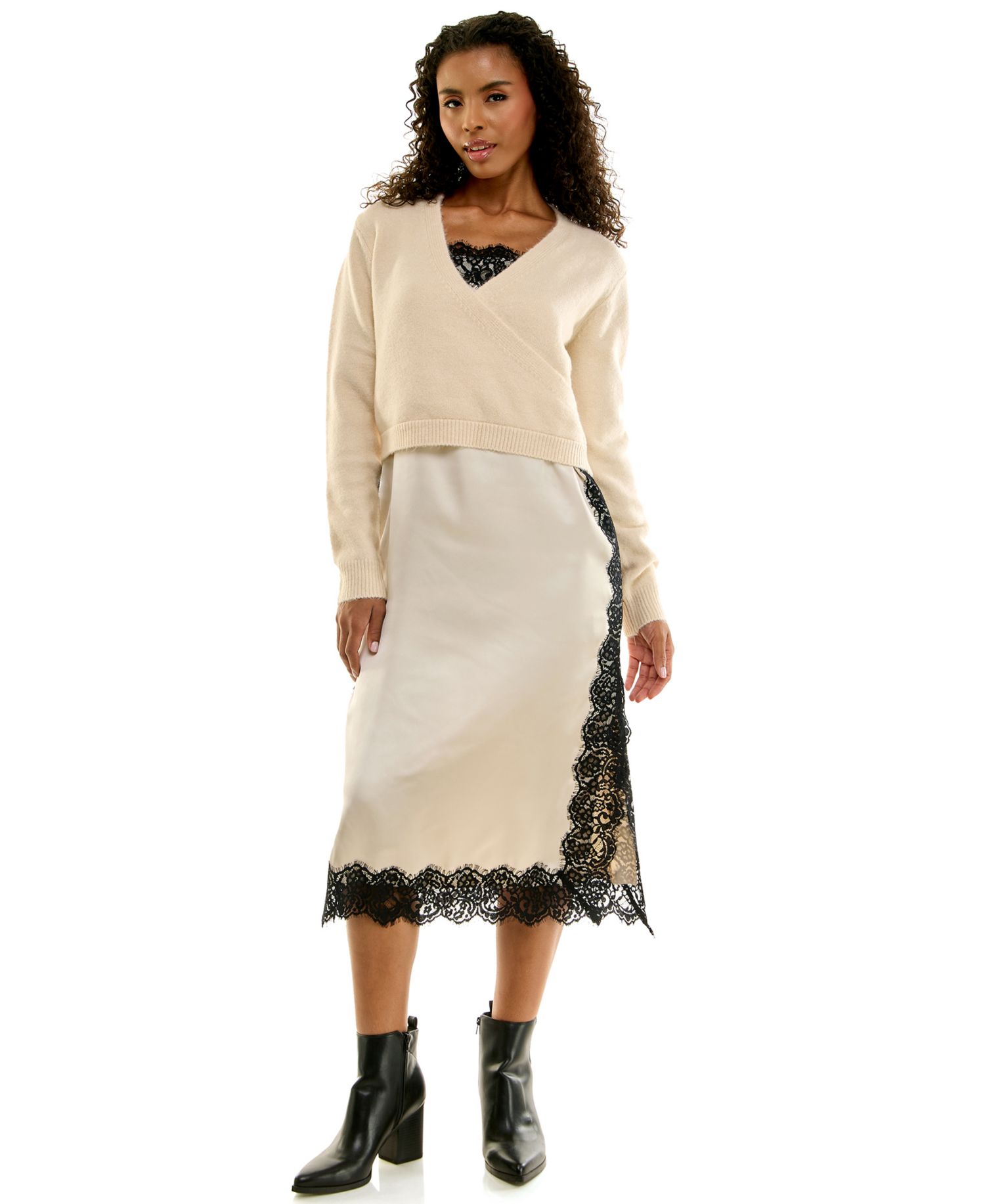 Juniors' Wrap Sweater and Lace Trim Midi Slip Dress, 2-Piece Set