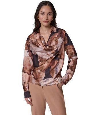 Women's Long-Sleeve Satin Cowl-Neck Blouse
