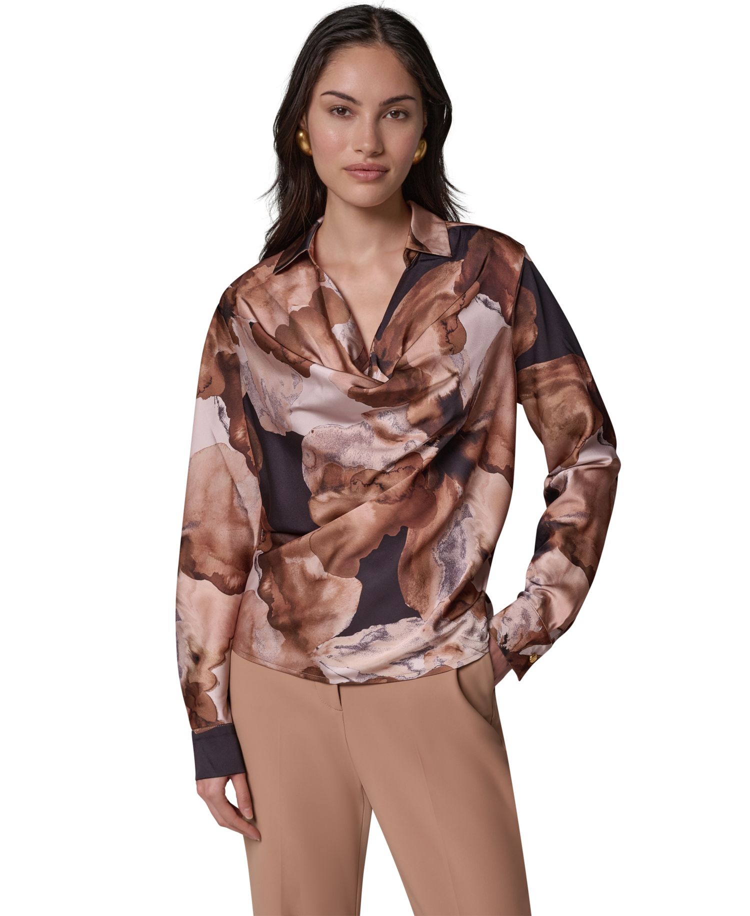 Women's Long-Sleeve Satin Cowl-Neck Blouse