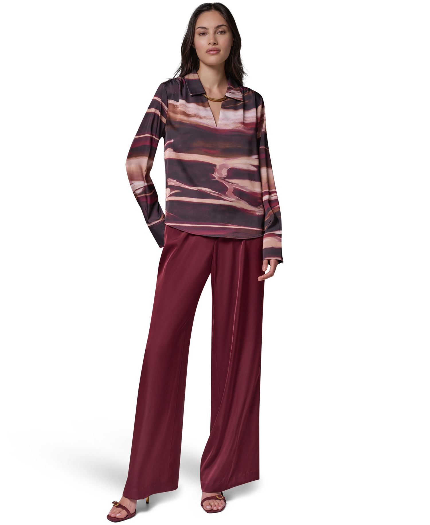 Women's Long-Sleeve V-Neck Satin Blouse
