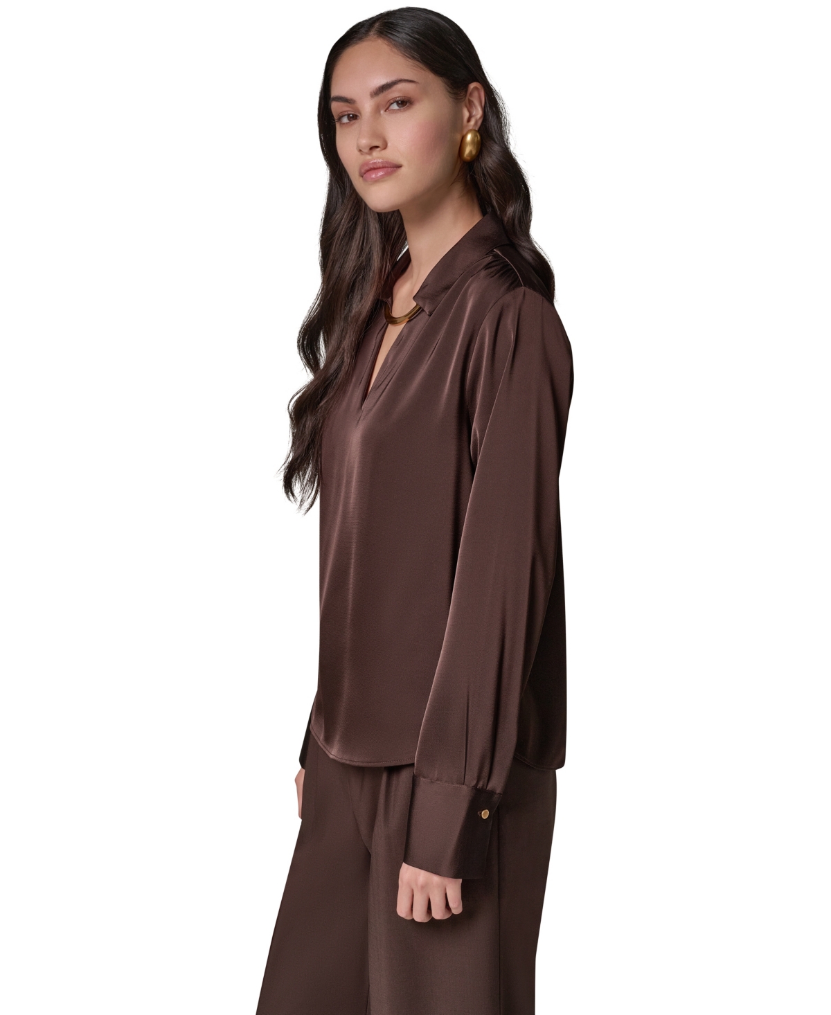 Donna Karan New York Women's Long-Sleeve Satin V-Neck Collared Blouse