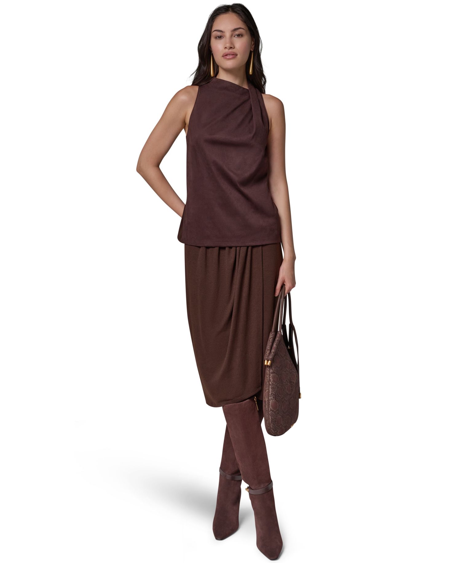 Women's Cowl Neck Mixed-Media Dressy Sleeveless Tank Top
