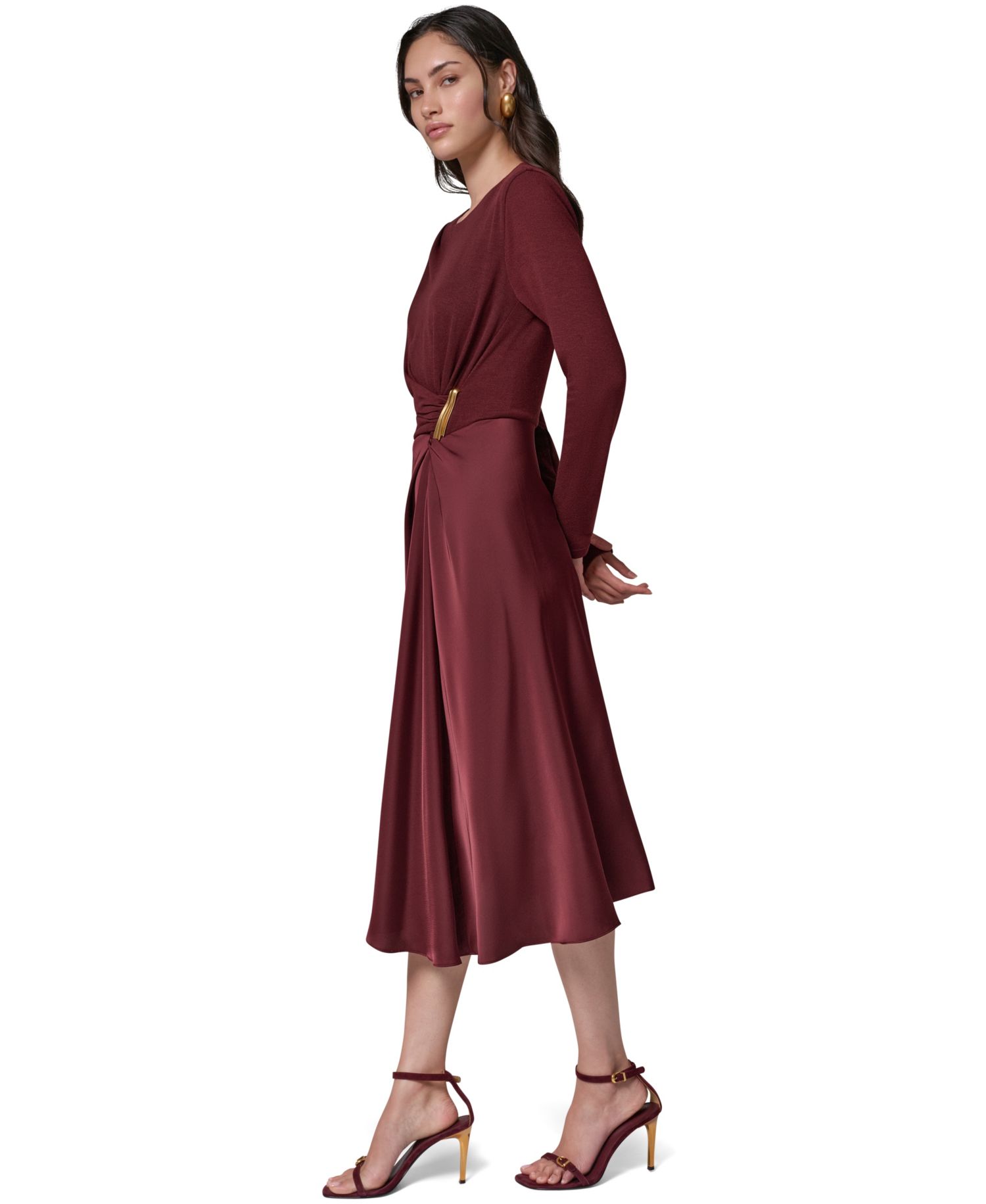 Women's Long Sleeve Waist Long-Sleeve Fit-and-Flare Midi Dress