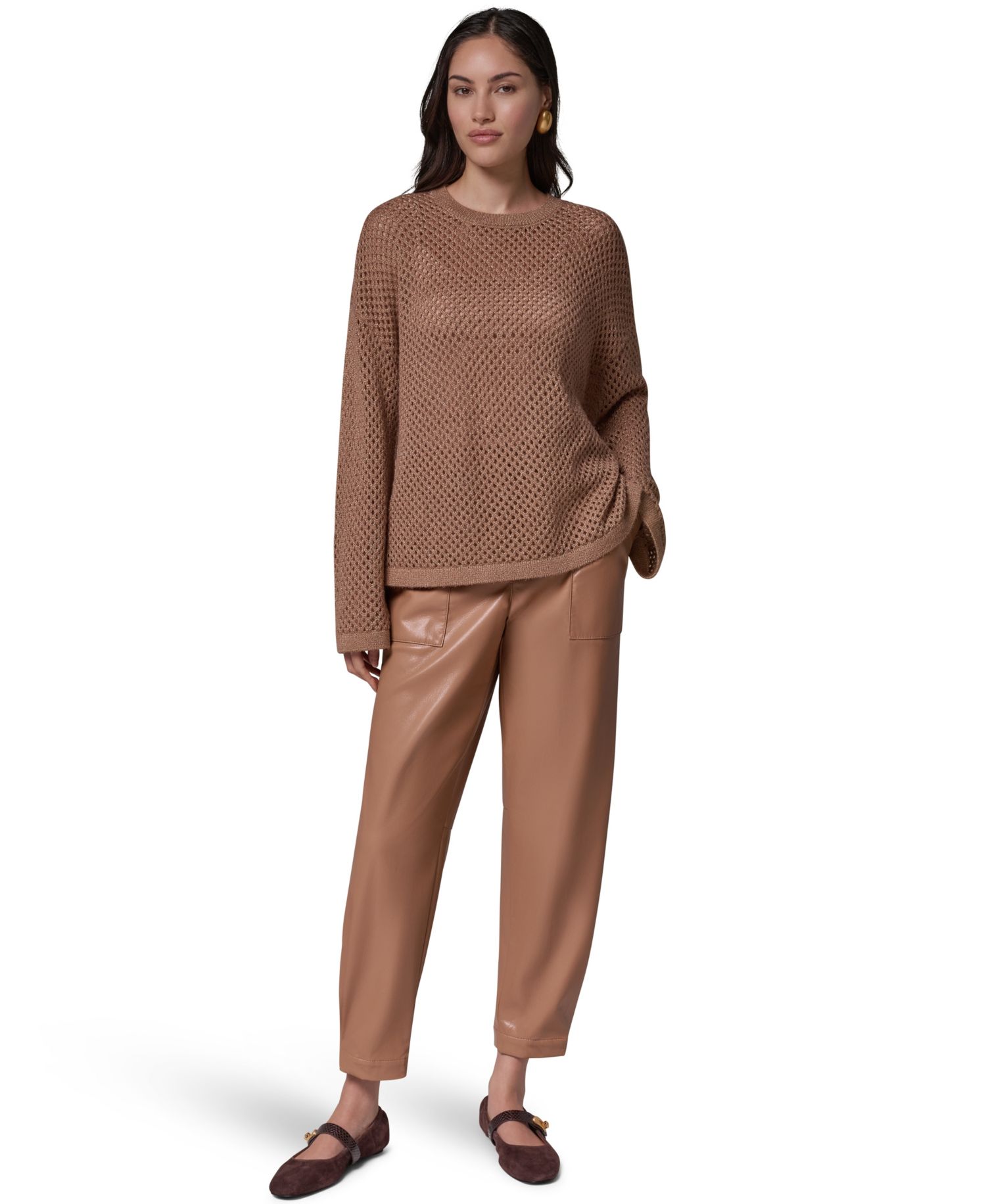 Women's Oversized Long-Sleeve Open-Weave Crewneck Sweater