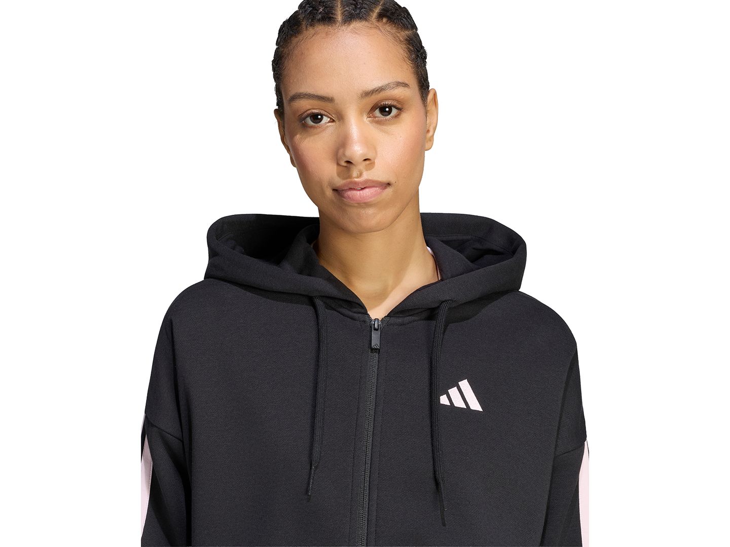 Женское худи adidas 3-Stripe Fleece Full-Zip, цвет: Чёрный / Прозрачный розовый — фото 4