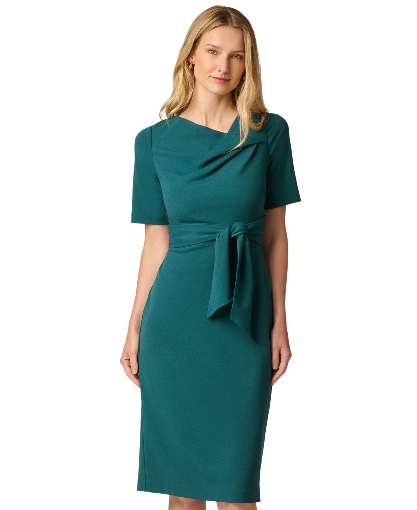Женское платье Adrianna Papell Tie-Waist Short-Sleeve Sheath, цвет: Тёмно-зелёный — фото 3